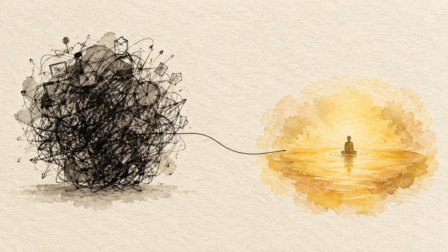 Illustration of a chaotic dark scribble linked by a single thread to a figure meditating in a golden glow.