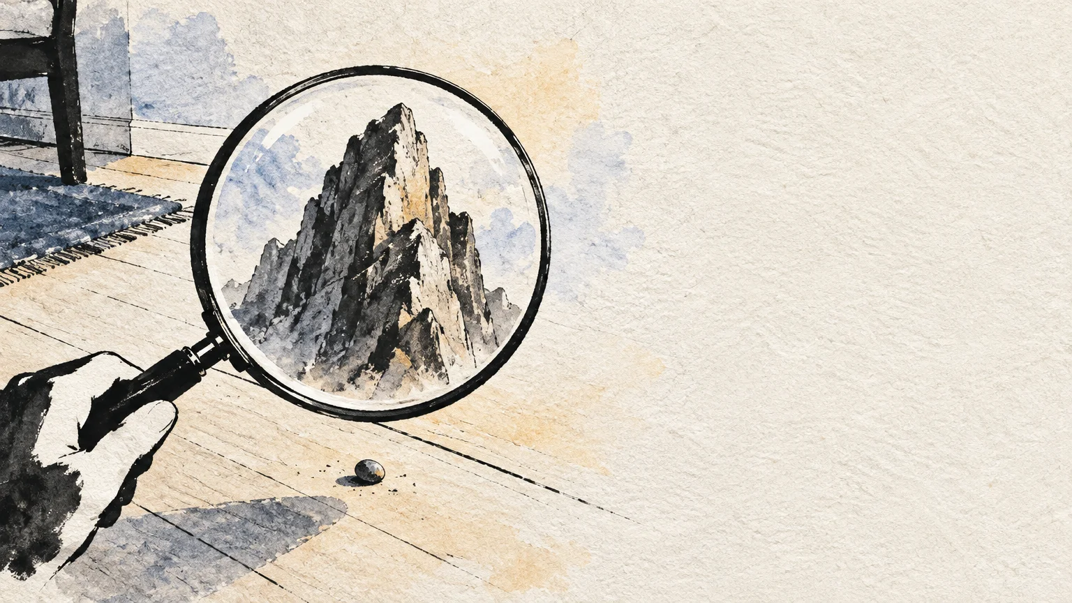 Hand holding a magnifying glass over a tiny pebble on a wooden floor, magnifying it into a towering rocky mountain.