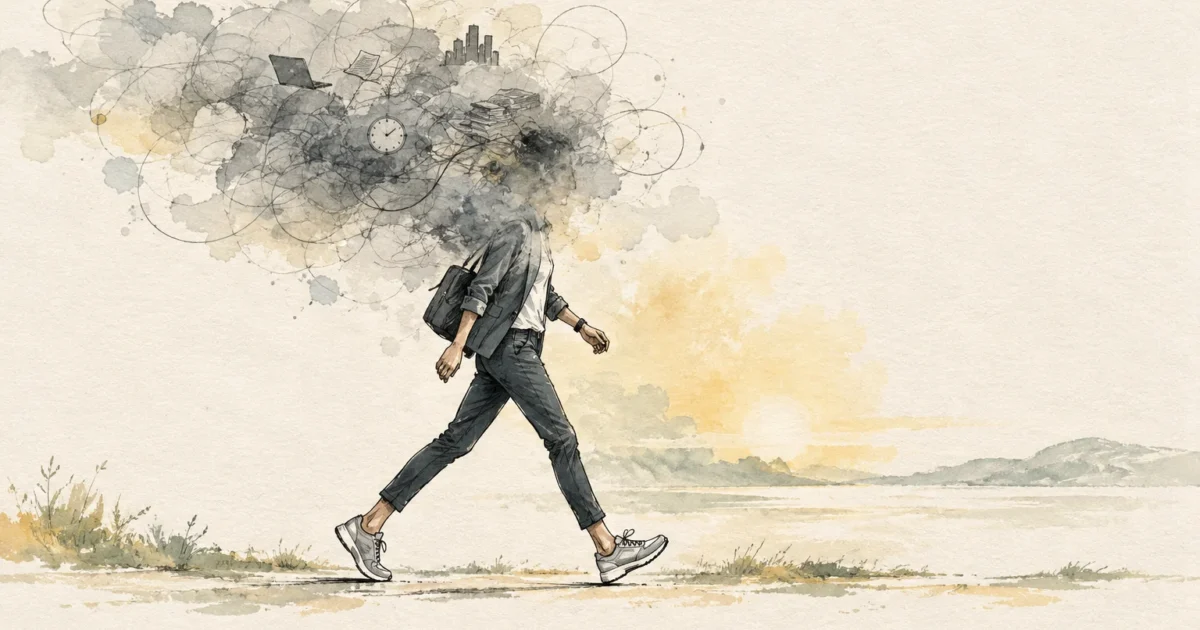 Illustration of a person walking briskly while a dense cloud filled with clocks, papers, and work clutter obscures their head.