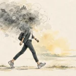 Illustration of a person walking briskly while a dense cloud filled with clocks, papers, and work clutter obscures their head.