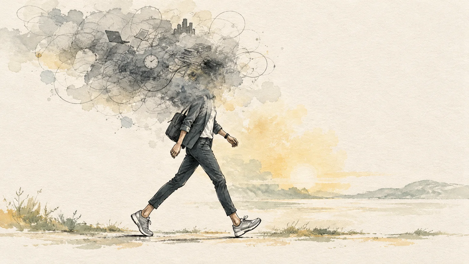 Illustration of a person walking briskly while a dense cloud filled with clocks, papers, and work clutter obscures their head.