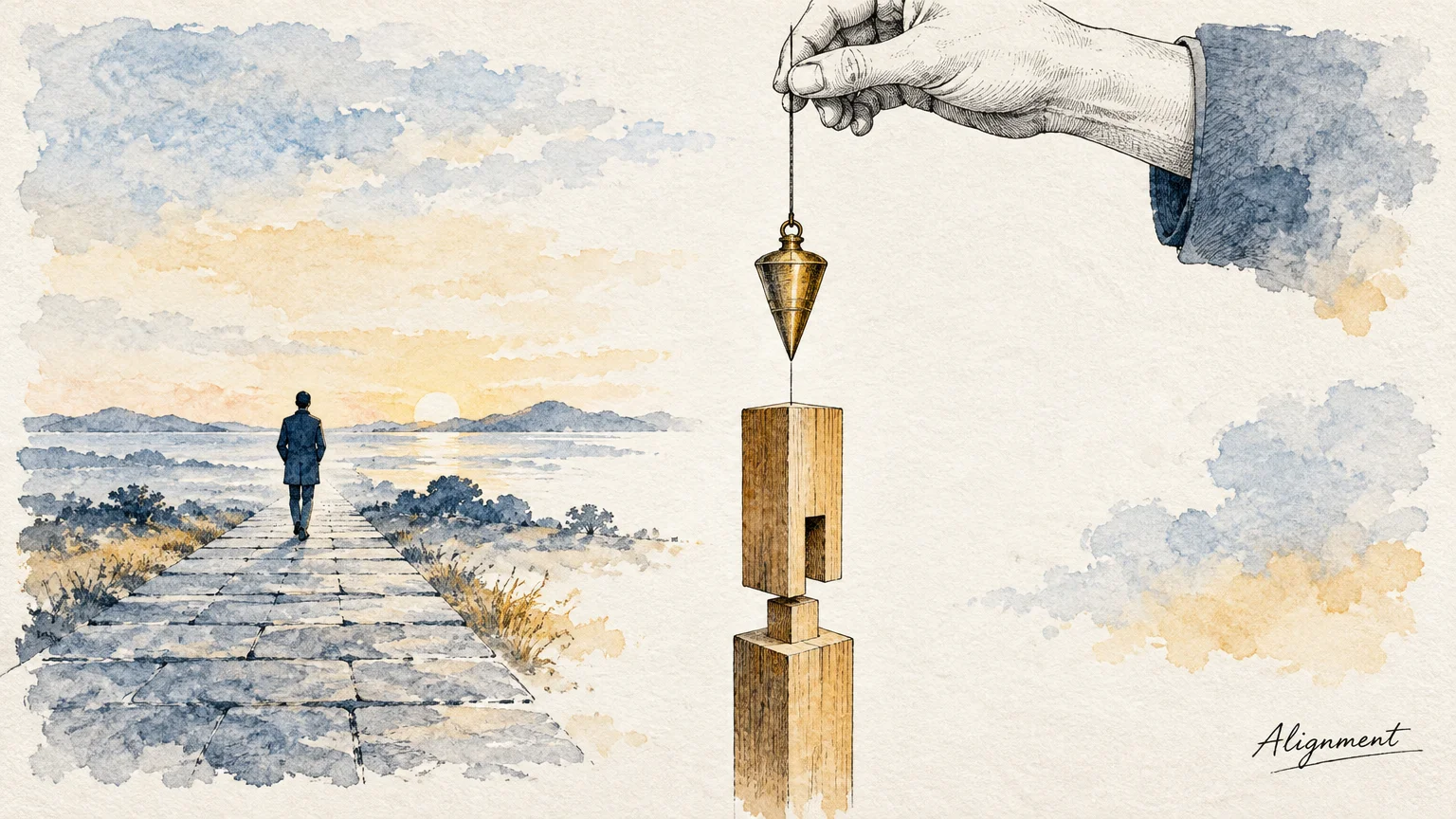 Illustration of a man walking toward a sunset beside a hand holding a plumb bob over aligned wooden joints.