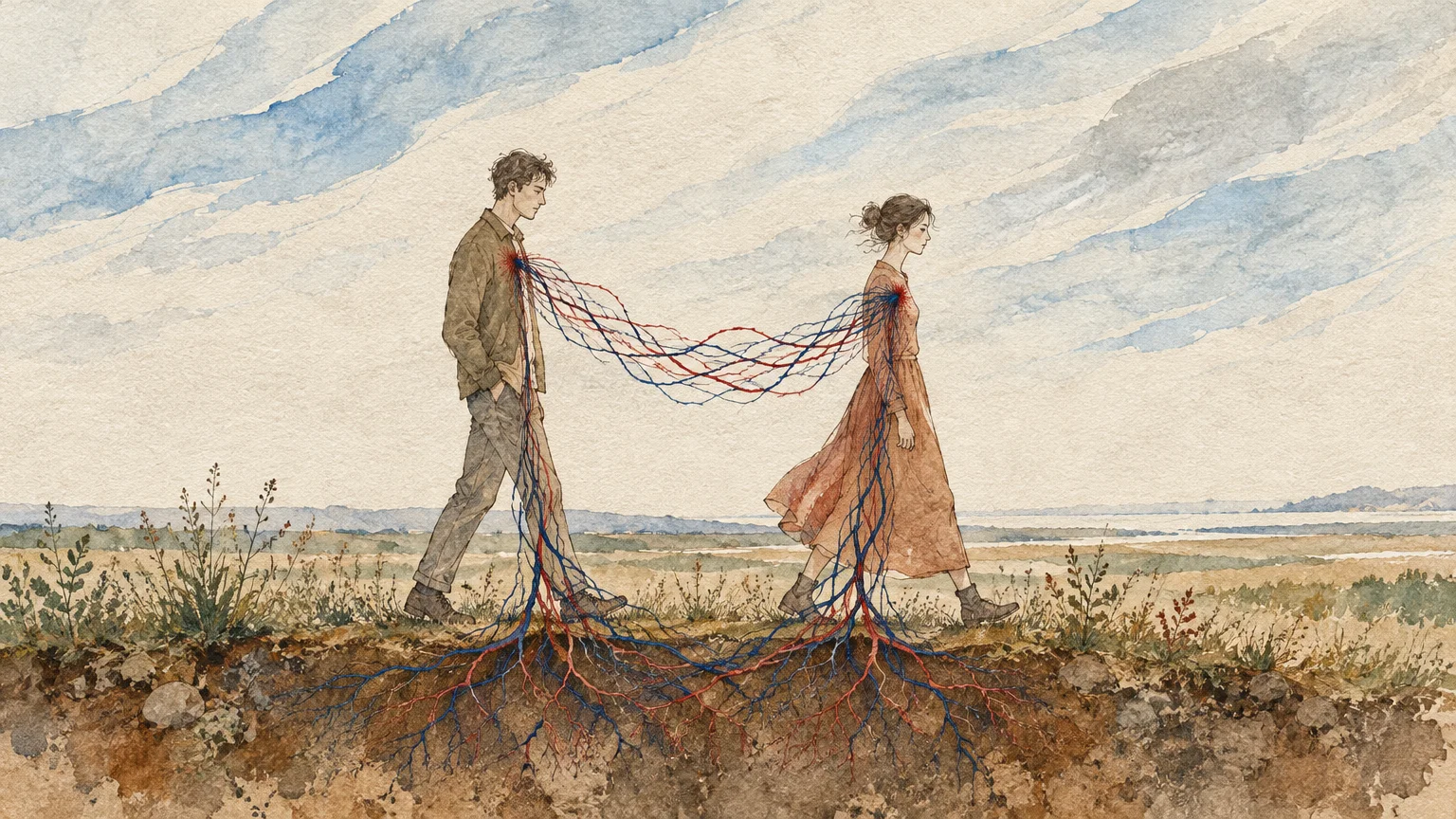 Watercolor illustration of a man and woman walking, connected by red and blue root-like vessels running between their hearts.