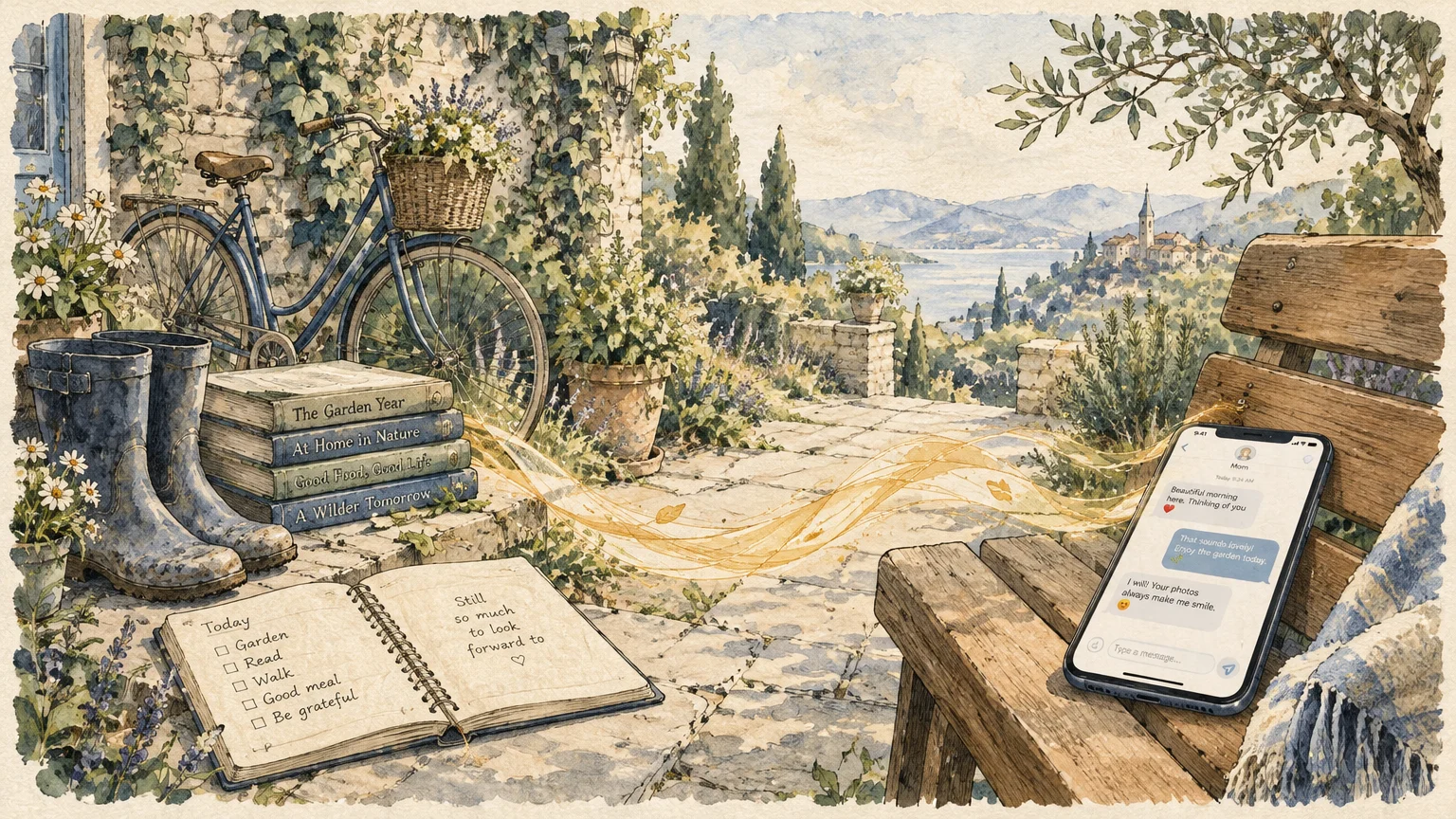 Watercolor of a garden terrace with a smartphone on a wooden bench, an open journal, books, and a bicycle.