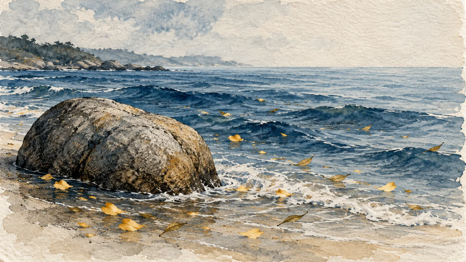 Watercolor painting of a large boulder on a sandy shore with ocean waves and scattered yellow autumn leaves.