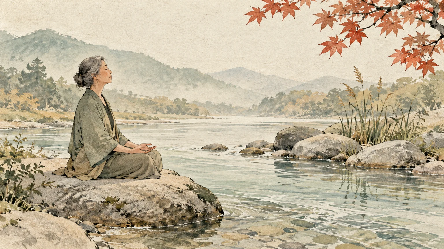 Illustration of an older woman meditating on a boulder beside a shallow river against misty mountains and autumn leaves.