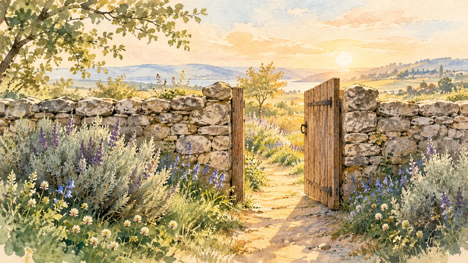 Open wooden gate in a stone wall surrounded by wildflowers, looking out toward a sunlit countryside meadow.