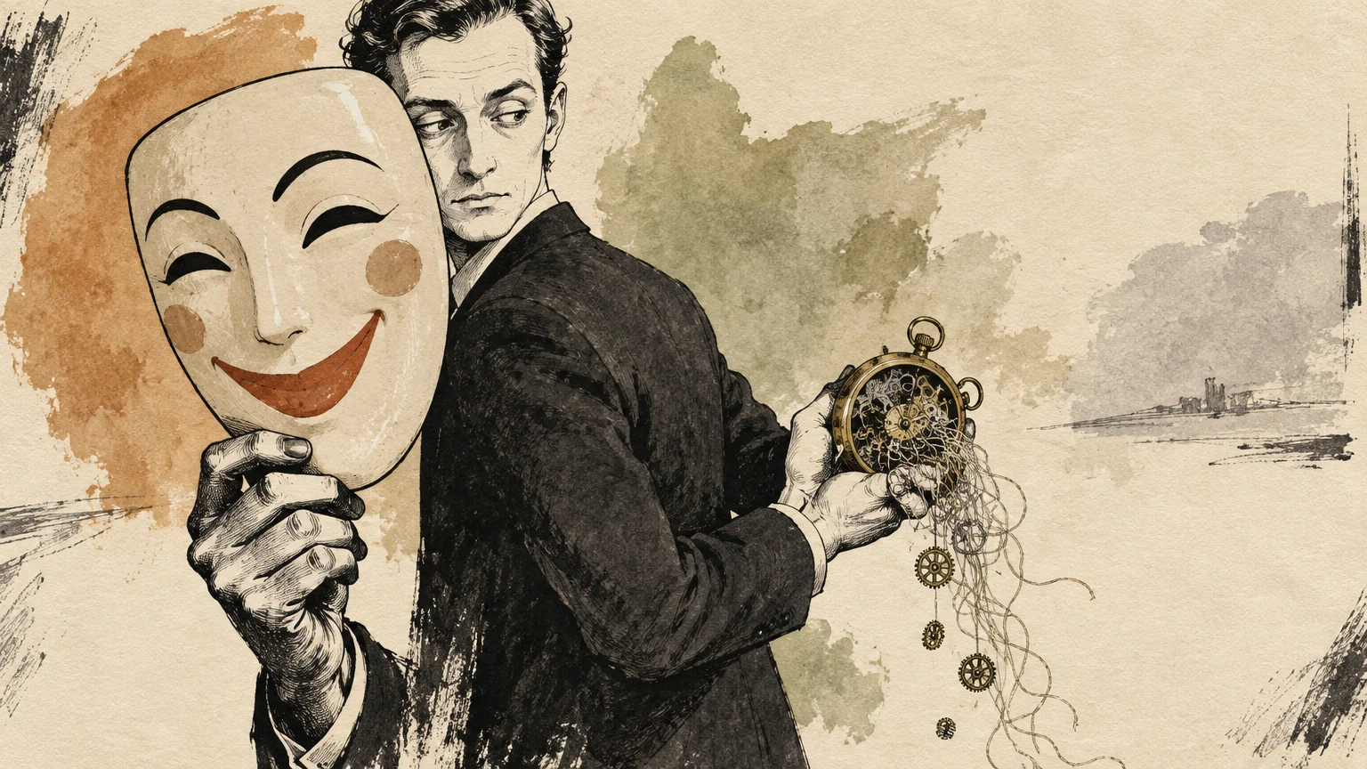 Illustration of a man holding a smiling mask in front of his face while holding an unraveling pocket watch behind his back.