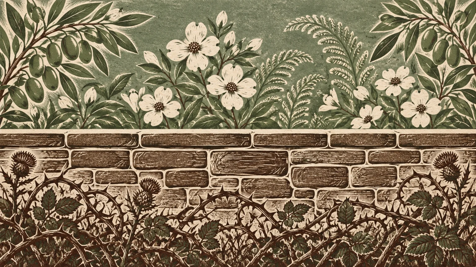 Illustration of blooming white flowers and ferns behind a stone wall, bordered by tangled thistles below.
