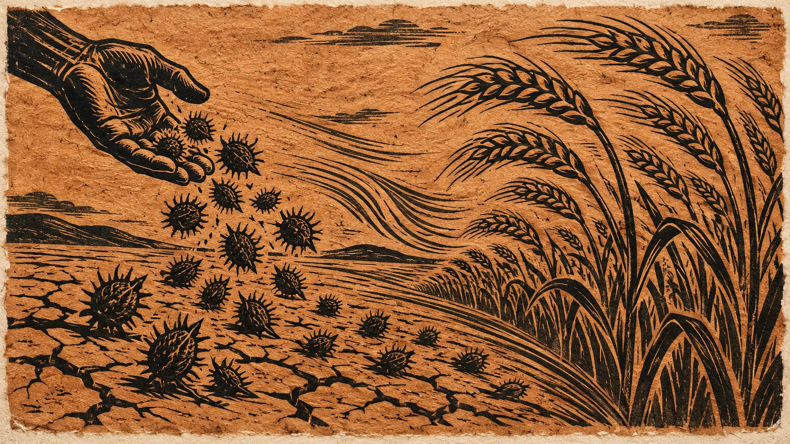 Woodcut illustration of a hand dropping spiky burrs onto cracked earth next to growing wheat stalks.