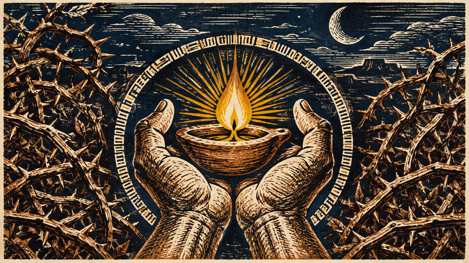Woodcut illustration of two hands cupping a lit oil lamp framed by a circular halo and dense thorny brambles under a night sky.