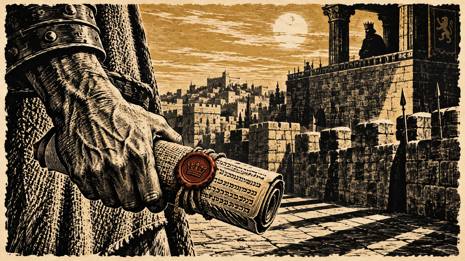 Detailed etching of a soldier clutching a sealed scroll before a fortified ancient city as a crowned ruler watches.