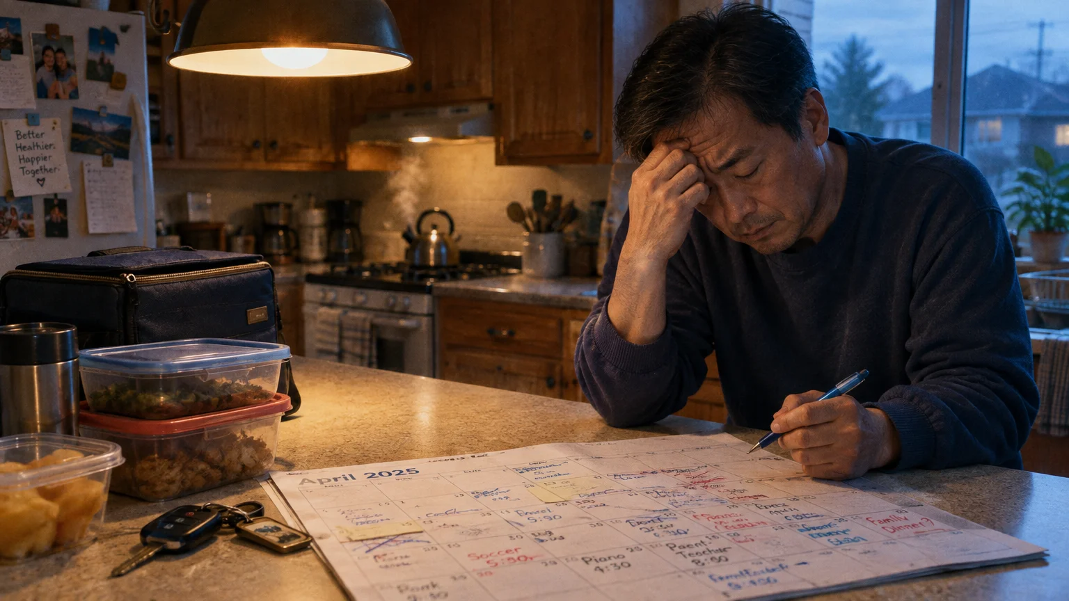 A stressed man rests his head on his hand while writing on a busy family calendar at a kitchen counter.