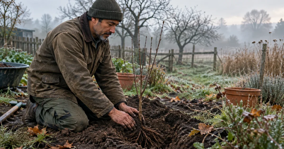 Man in a knit beanie and brown jacket kneeling in a misty garden to plant a bare-root sapling in the soil.
