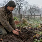 Man in a knit beanie and brown jacket kneeling in a misty garden to plant a bare-root sapling in the soil.