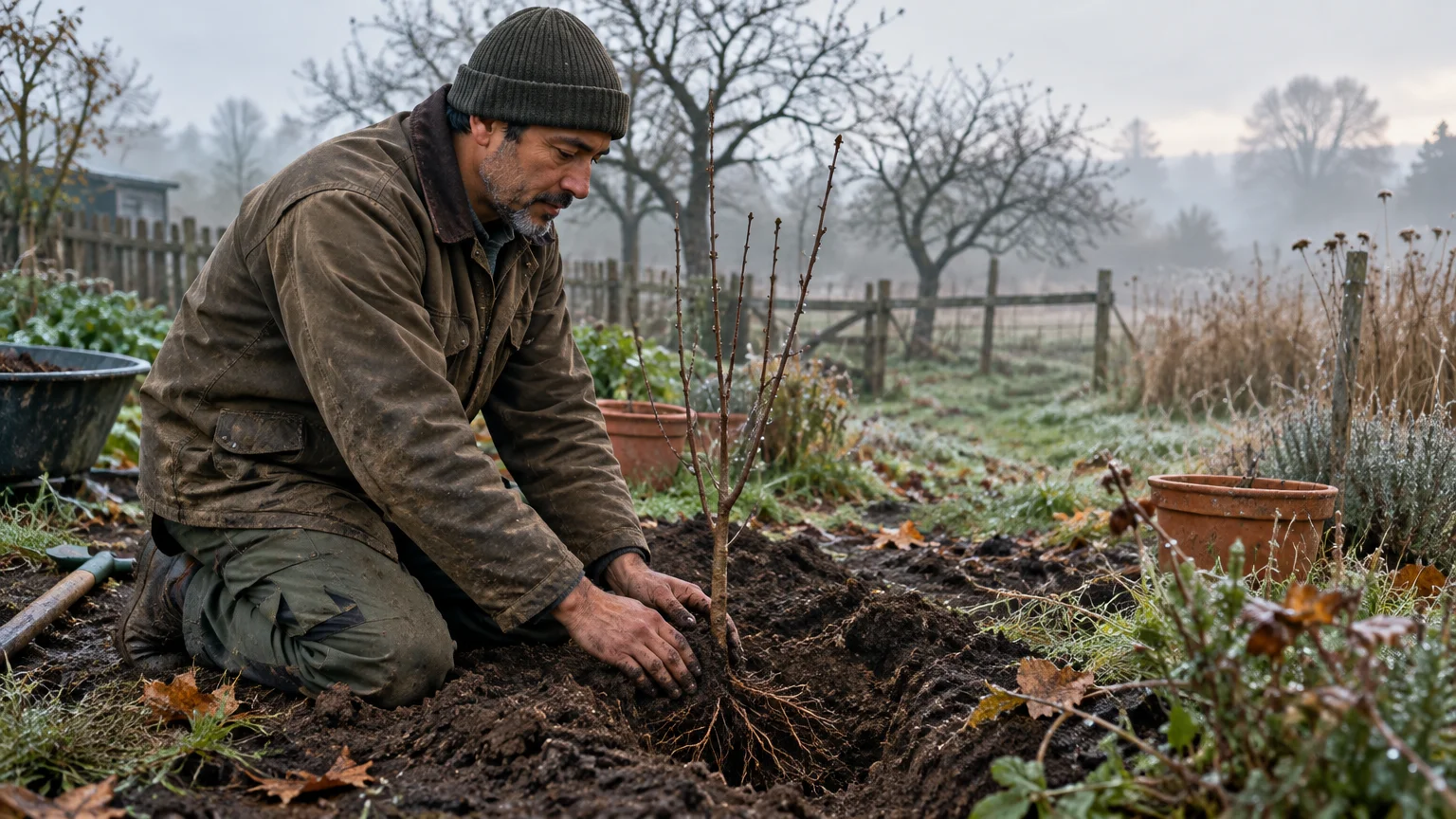 Man in a knit beanie and brown jacket kneeling in a misty garden to plant a bare-root sapling in the soil.