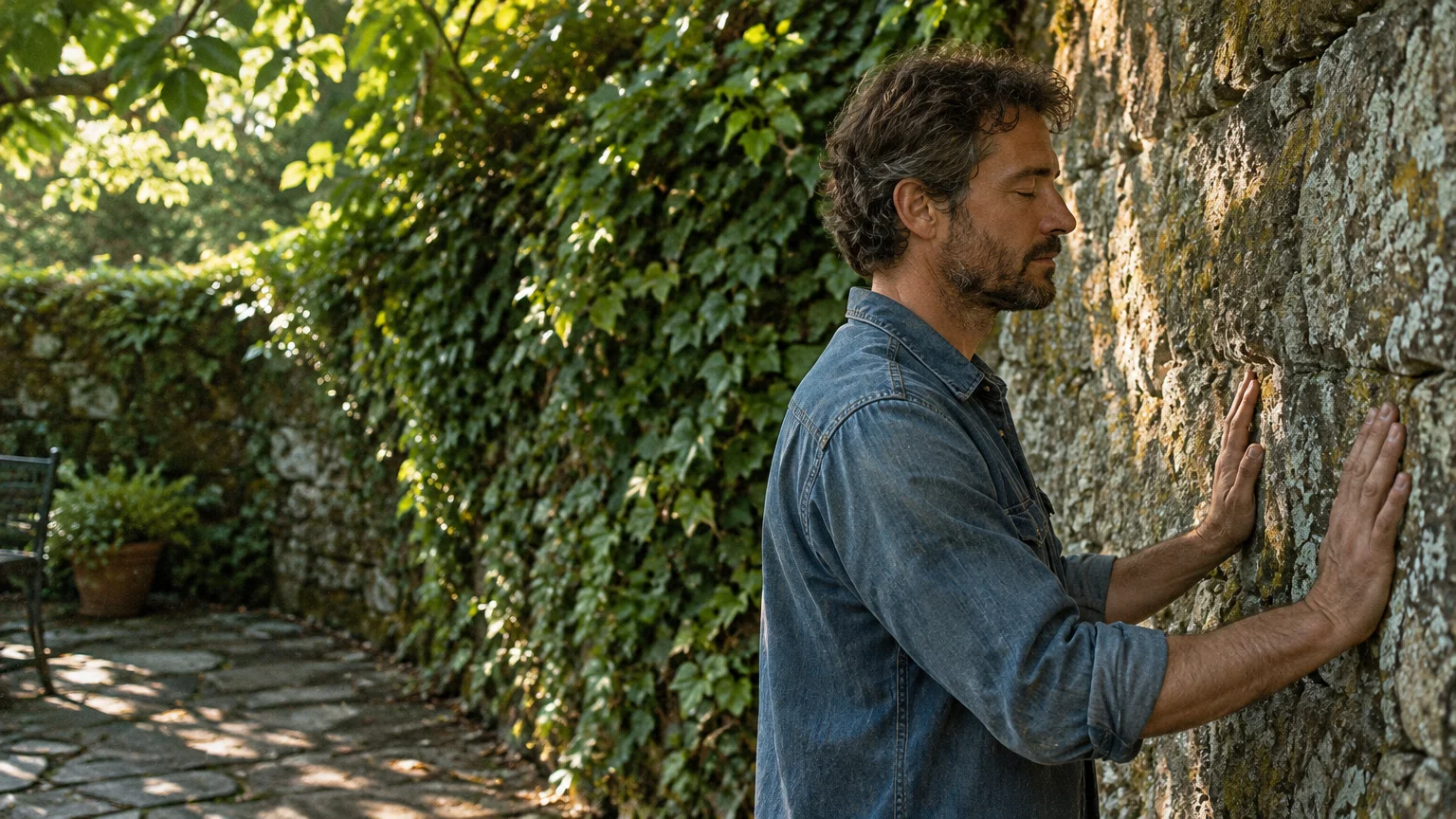 Man with closed eyes resting both hands flat against a rough stone wall beside an ivy-covered garden path.