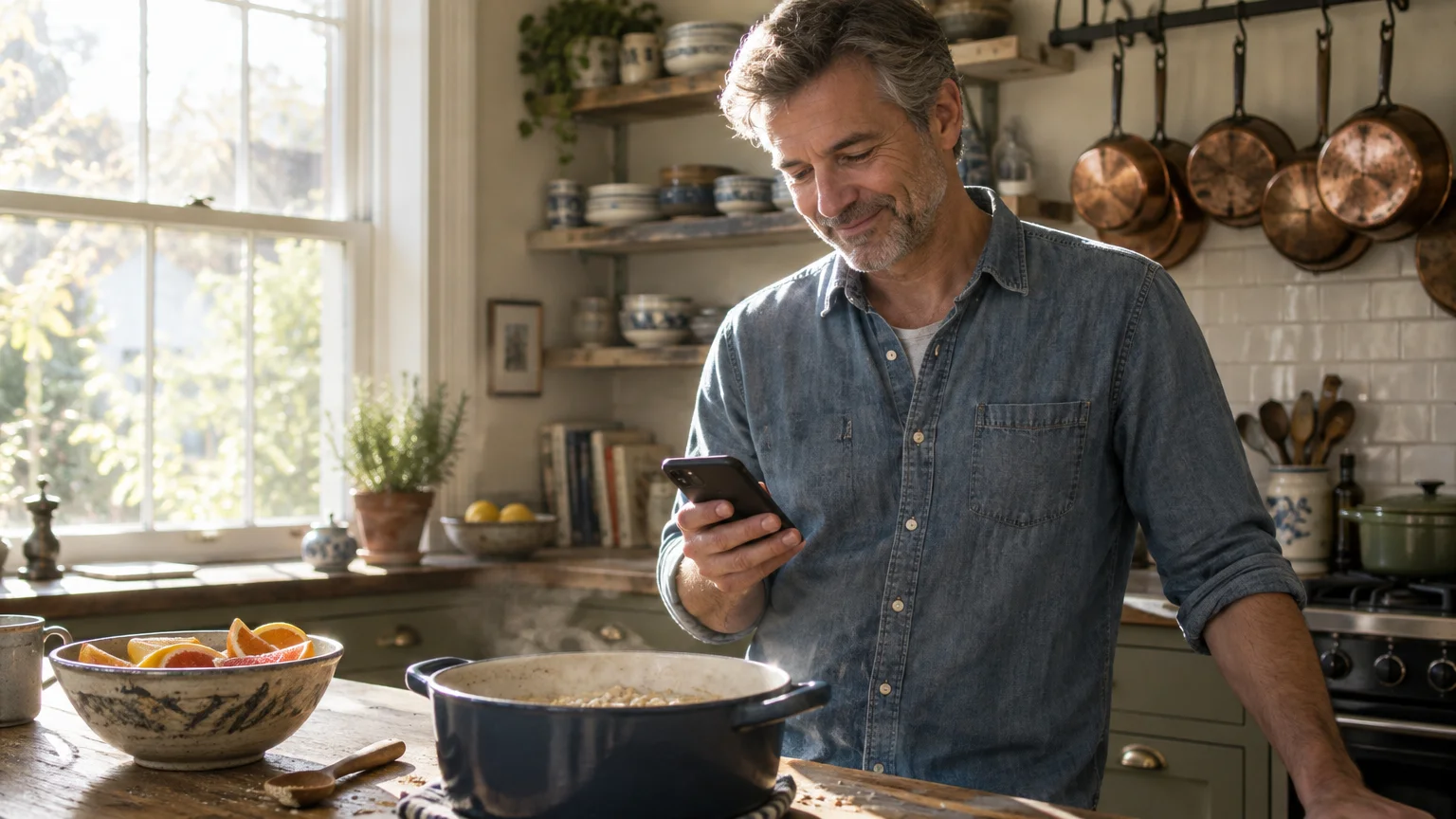 A smiling man in a denim shirt stands in a sunlit kitchen, looking at a smartphone while cooking over a pot.