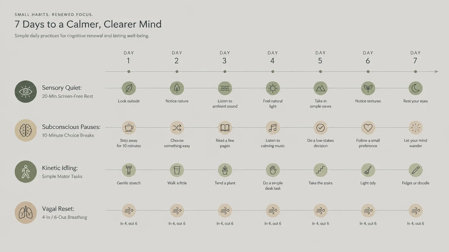 Diagram titled 7 Days to a Calmer, Clearer Mind charting daily habits across a seven-day timeline in four categories.