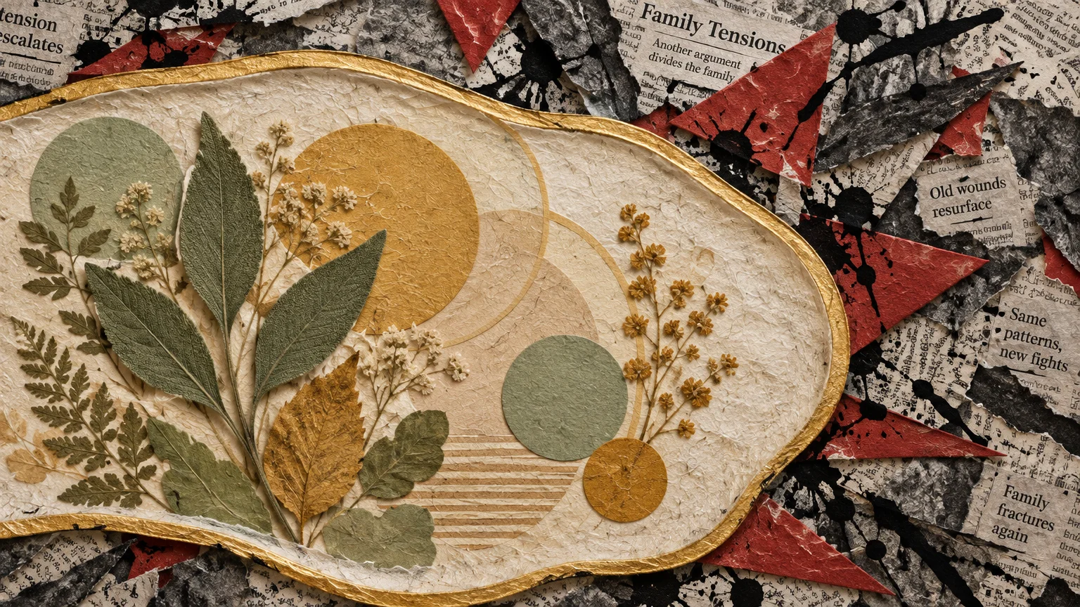 Mixed-media collage with pressed botanicals in a gold-rimmed oval against torn newspaper fragments and splatters.