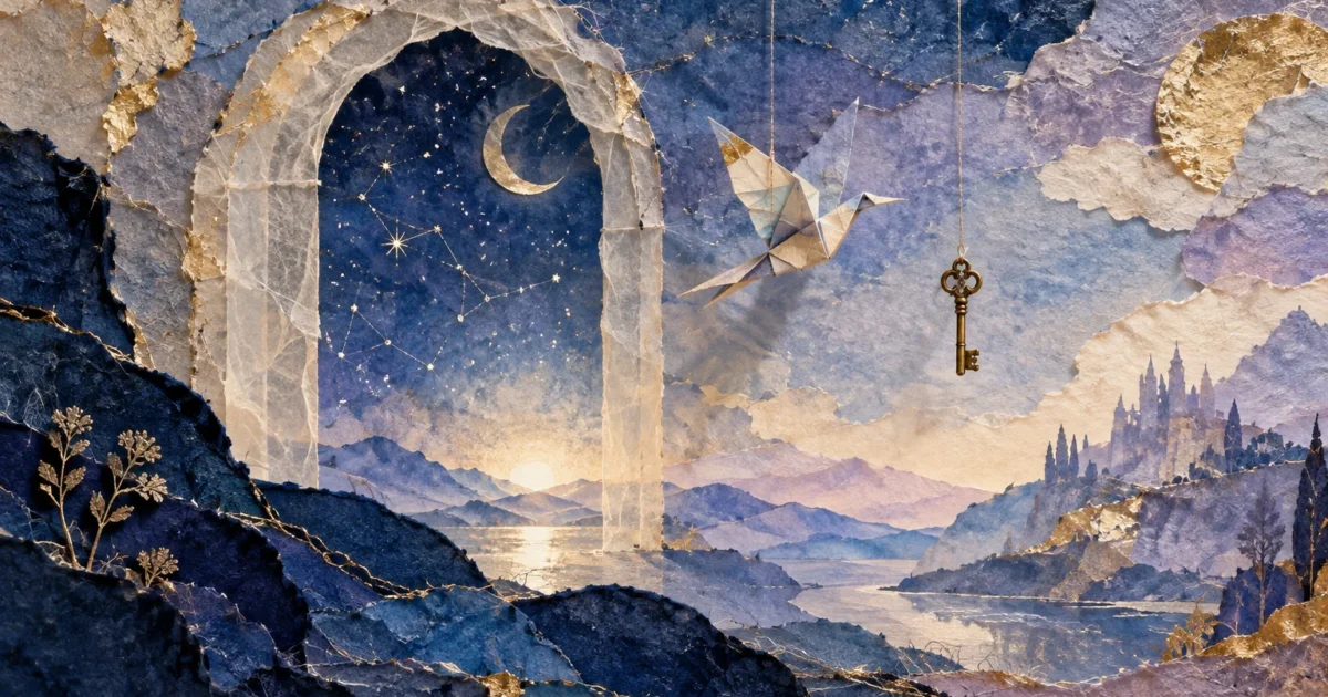 Torn-paper collage dreamscape with an illuminated archway, hanging origami bird, vintage key, moon, and distant castle.