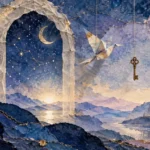 Torn-paper collage dreamscape with an illuminated archway, hanging origami bird, vintage key, moon, and distant castle.