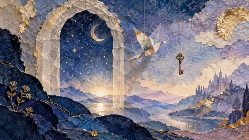 Torn-paper collage dreamscape with an illuminated archway, hanging origami bird, vintage key, moon, and distant castle.
