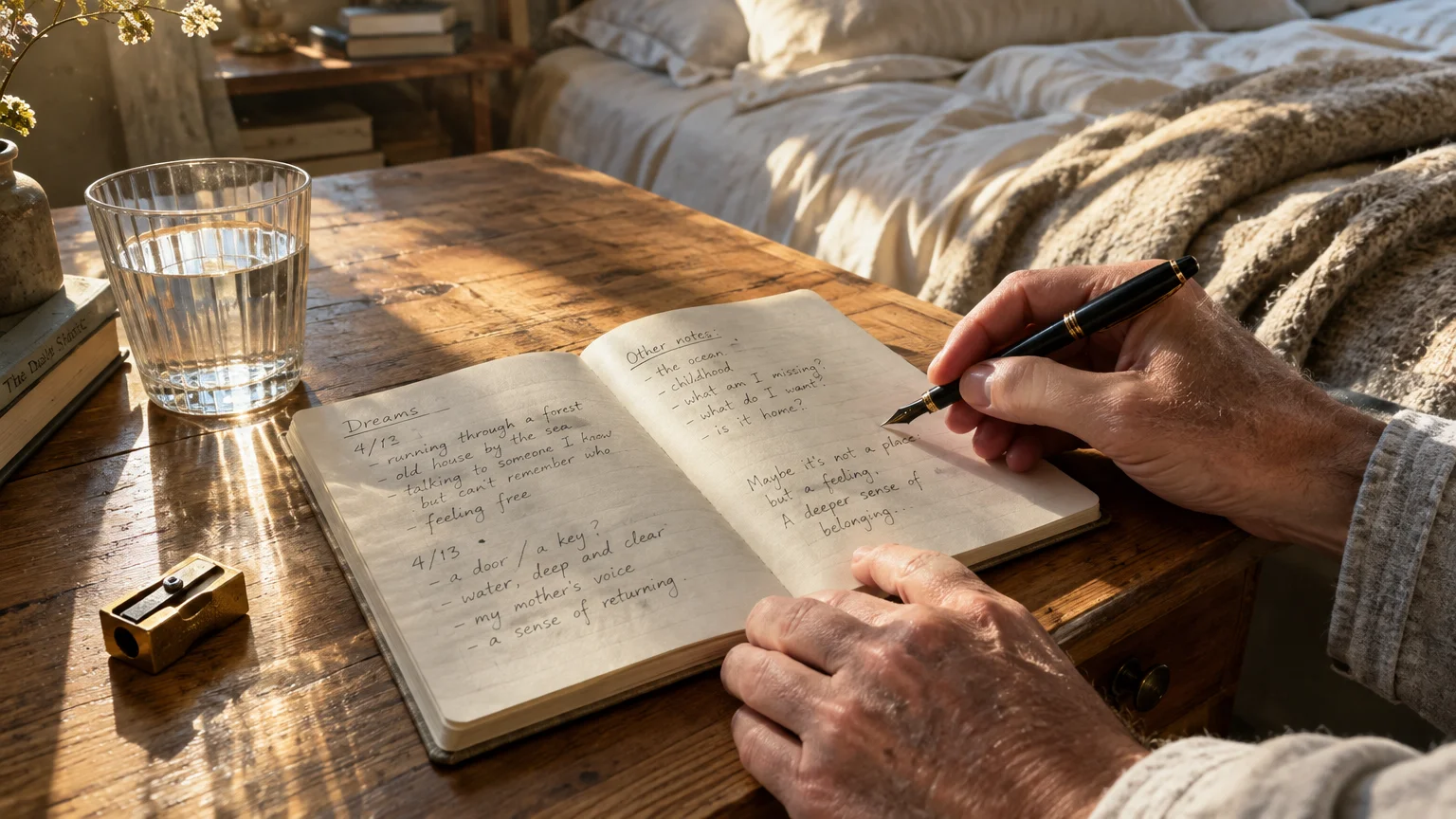 Hands writing in an open journal with a fountain pen on a wooden table beside a bed and glass of water.