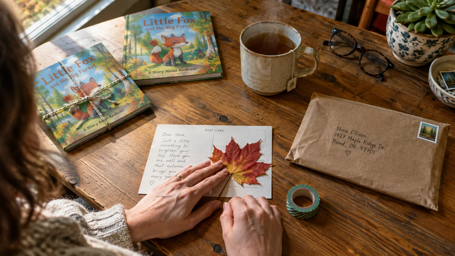 Person writing a postcard with an autumn leaf, beside books, an envelope, tea mug, and glasses on a wood table.