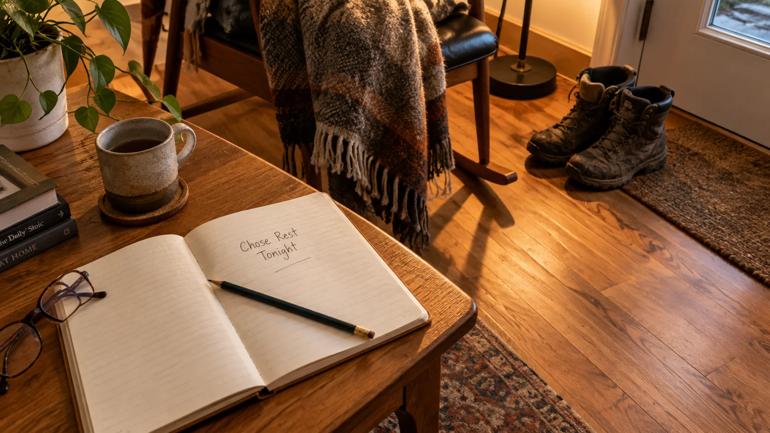 Open notebook with handwritten words Chose Rest Tonight beside a mug, glasses, rocking chair, and muddy boots on wood floor.