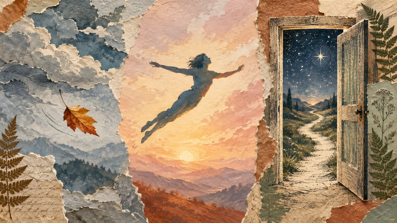 Torn paper collage showing a figure soaring at sunset beside an open doorway revealing a starry night path.