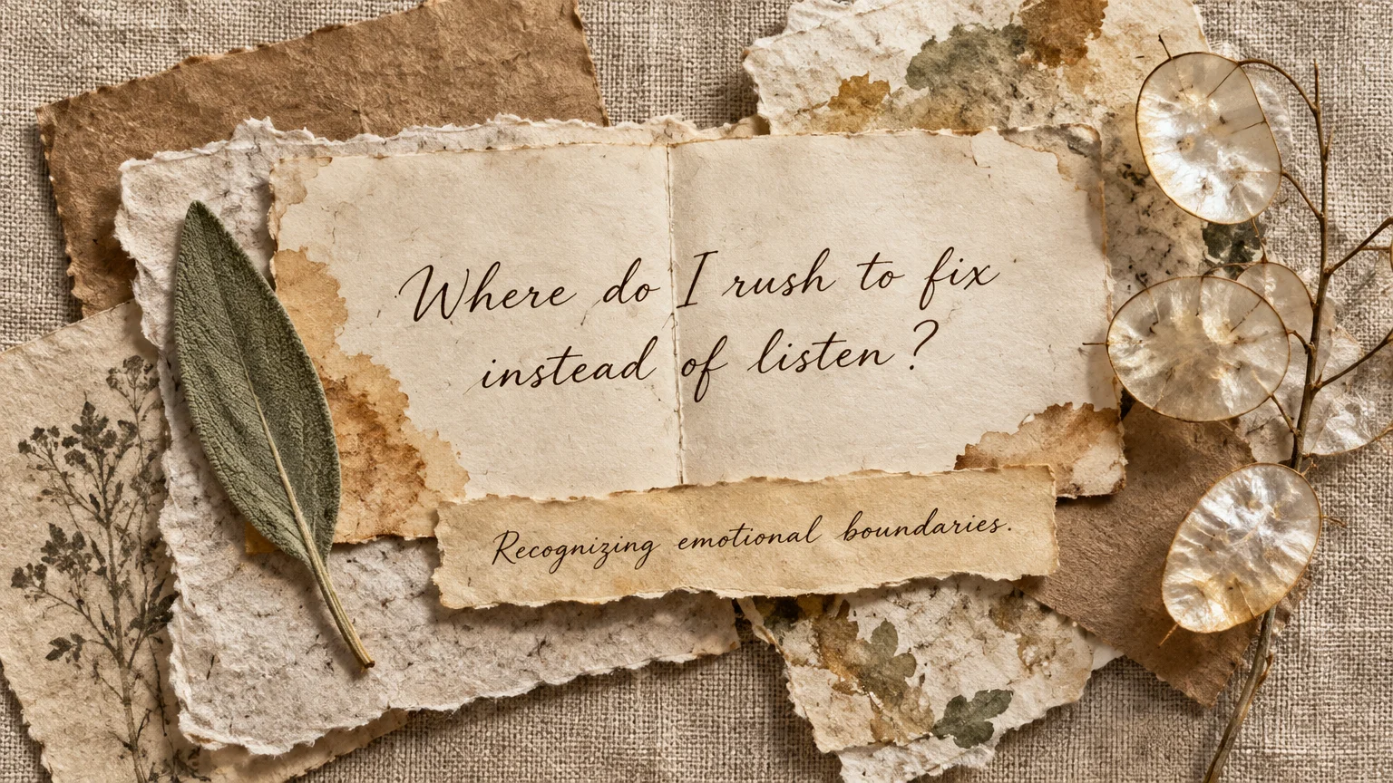 Mixed media collage of torn textured papers with handwritten questions, dried leaves, and seed pods on linen fabric.