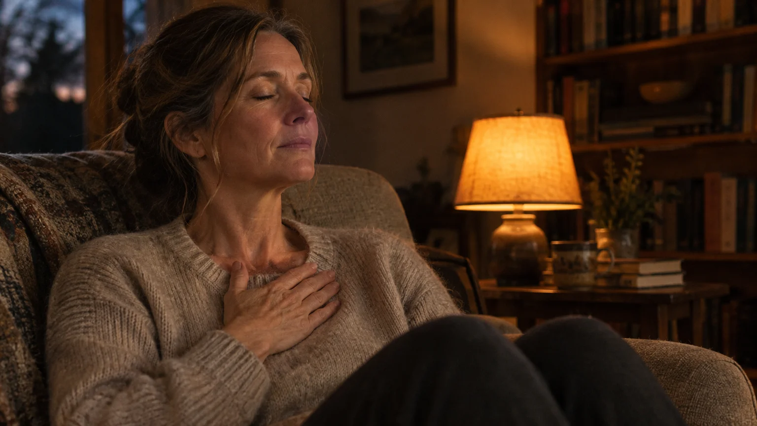 A mature woman sits in an armchair with her eyes closed and one hand resting gently on her upper chest.