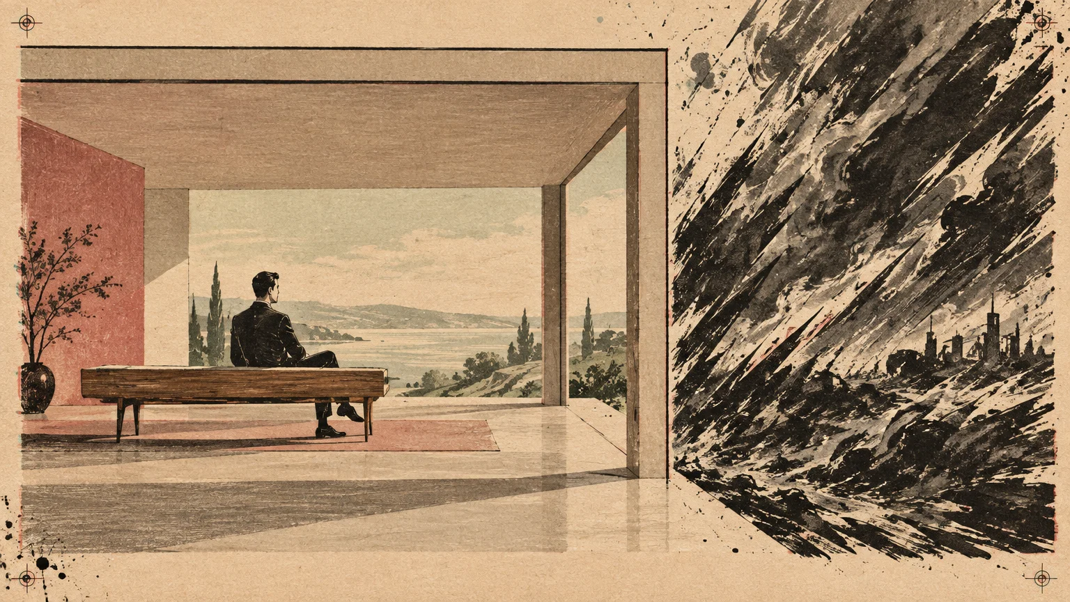 Illustration of a man sitting in a calm modernist room overlooking water, contrasted with a chaotic storm outside.