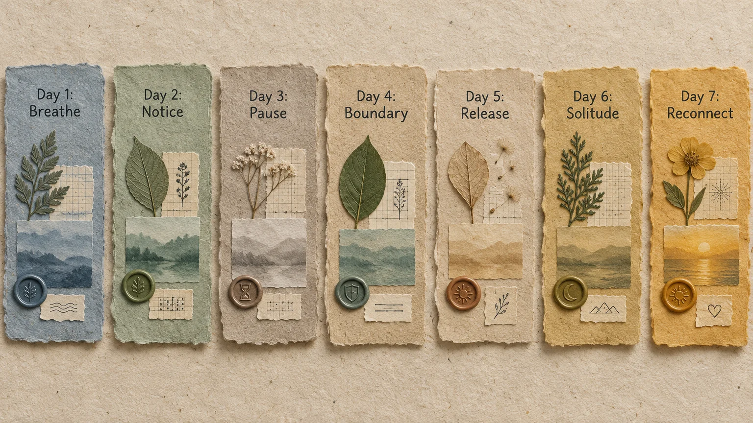 Seven handmade paper bookmarks labeled Day 1 to 7, each with pressed botanicals, small landscape paintings, and wax seals.