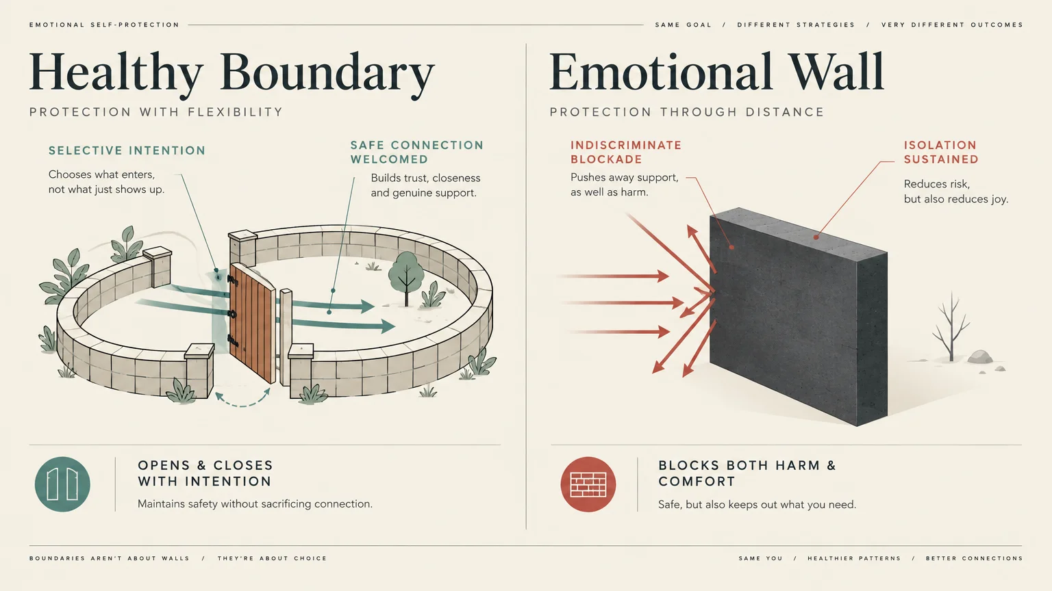 Diagram contrasting a healthy boundary featuring an open gate with an emotional wall that deflects incoming arrows.