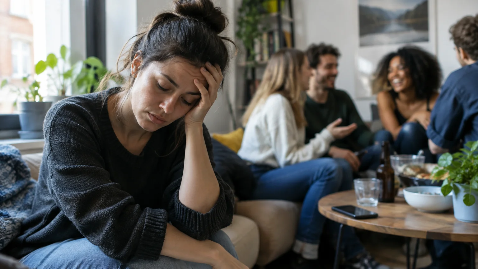 A fatigued woman rests her head in her hand on a couch while a group of friends chats happily behind her.