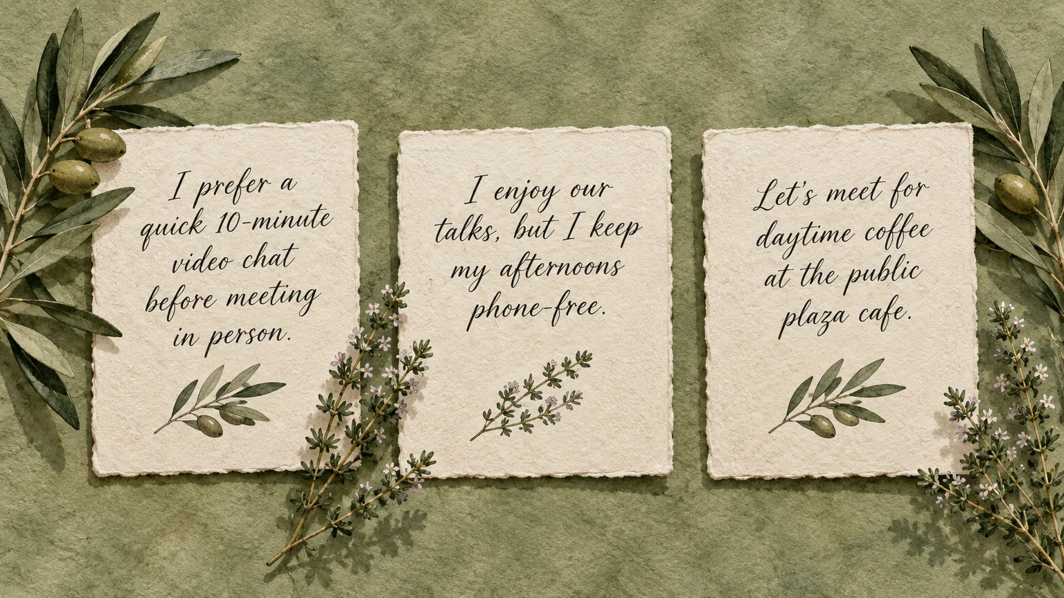 Three torn paper cards with handwritten dating boundaries set against green paper with olive and floral sprigs.