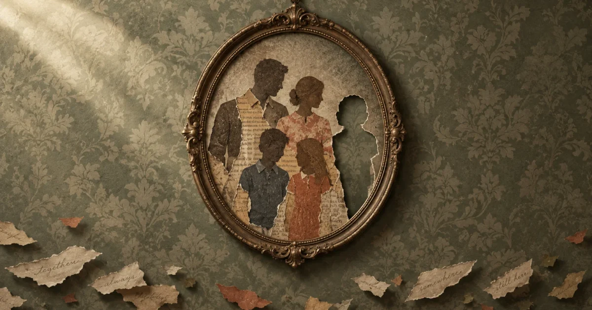 Oval framed collage portrait of a family with one silhouette torn out, hung against vintage floral wallpaper.
