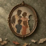 Oval framed collage portrait of a family with one silhouette torn out, hung against vintage floral wallpaper.