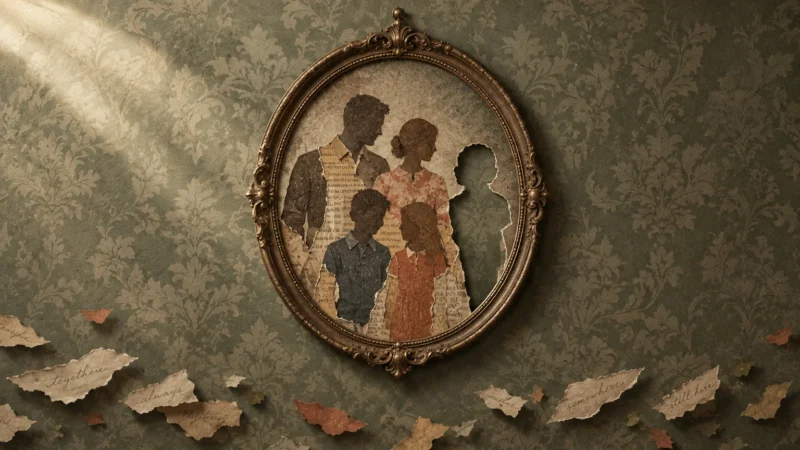 Oval framed collage portrait of a family with one silhouette torn out, hung against vintage floral wallpaper.