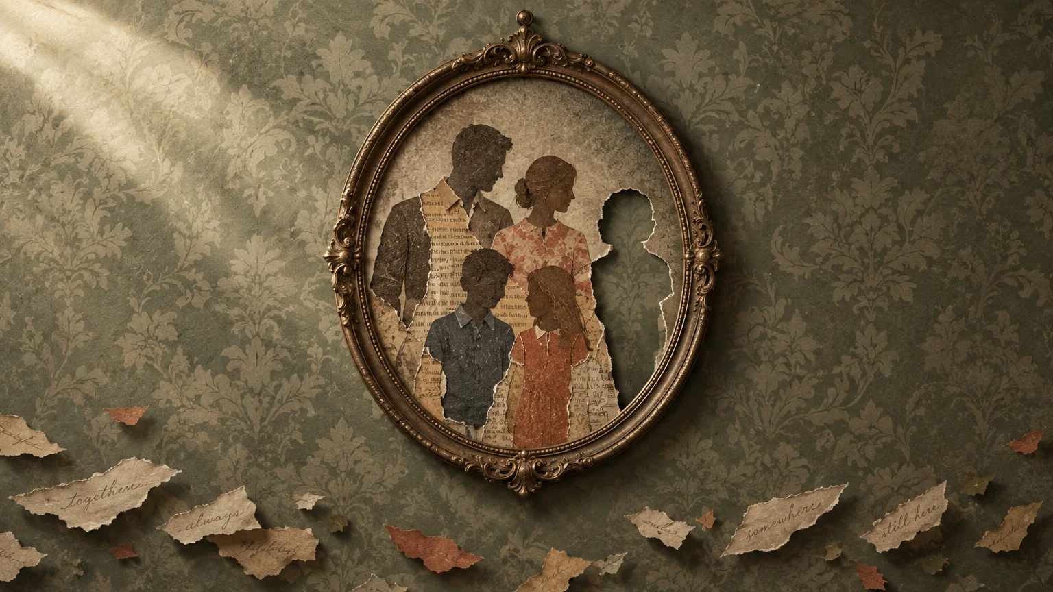 Oval framed collage portrait of a family with one silhouette torn out, hung against vintage floral wallpaper.