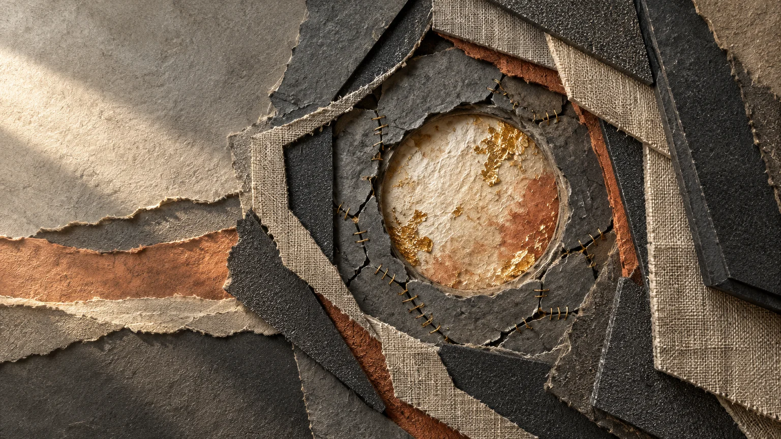 Mixed media collage of layered torn paper, canvas, and stitched slate around a textured circular core with gold leaf.