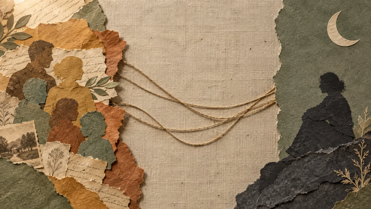 Paper collage of family silhouettes connected by strings across a blank canvas to a solitary seated figure and moon.