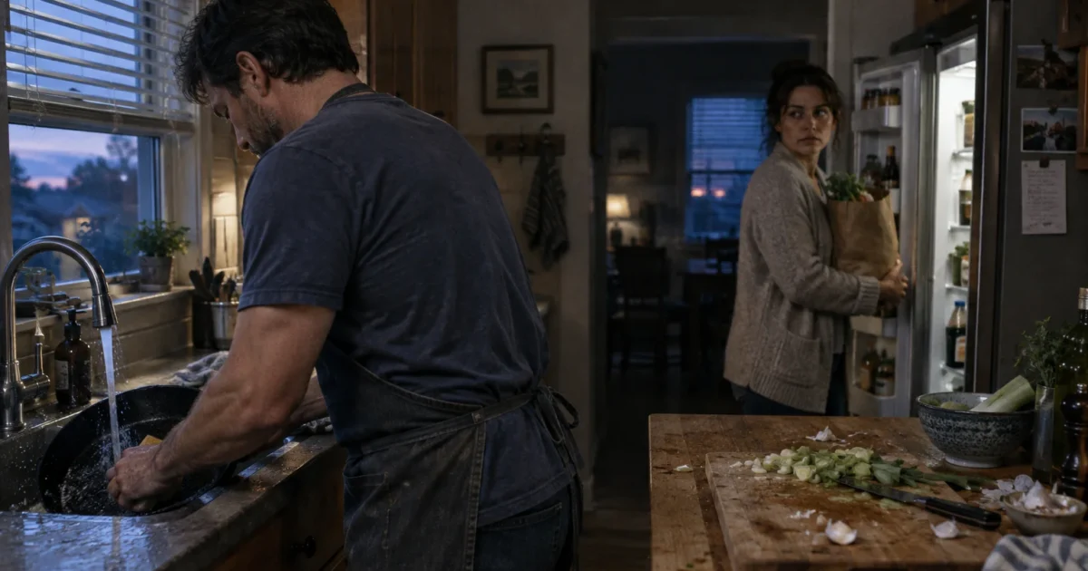 Man washes dishes at a kitchen sink while a woman carrying groceries stands near an open refrigerator looking toward him.