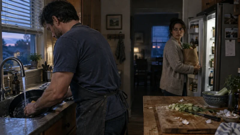 Man washes dishes at a kitchen sink while a woman carrying groceries stands near an open refrigerator looking toward him.