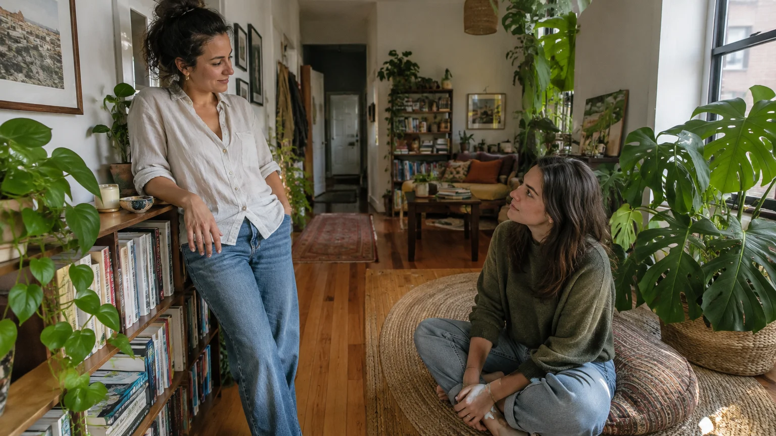 Two women have a conversation in an apartment filled with houseplants, one leaning against a bookshelf and one on the floor.