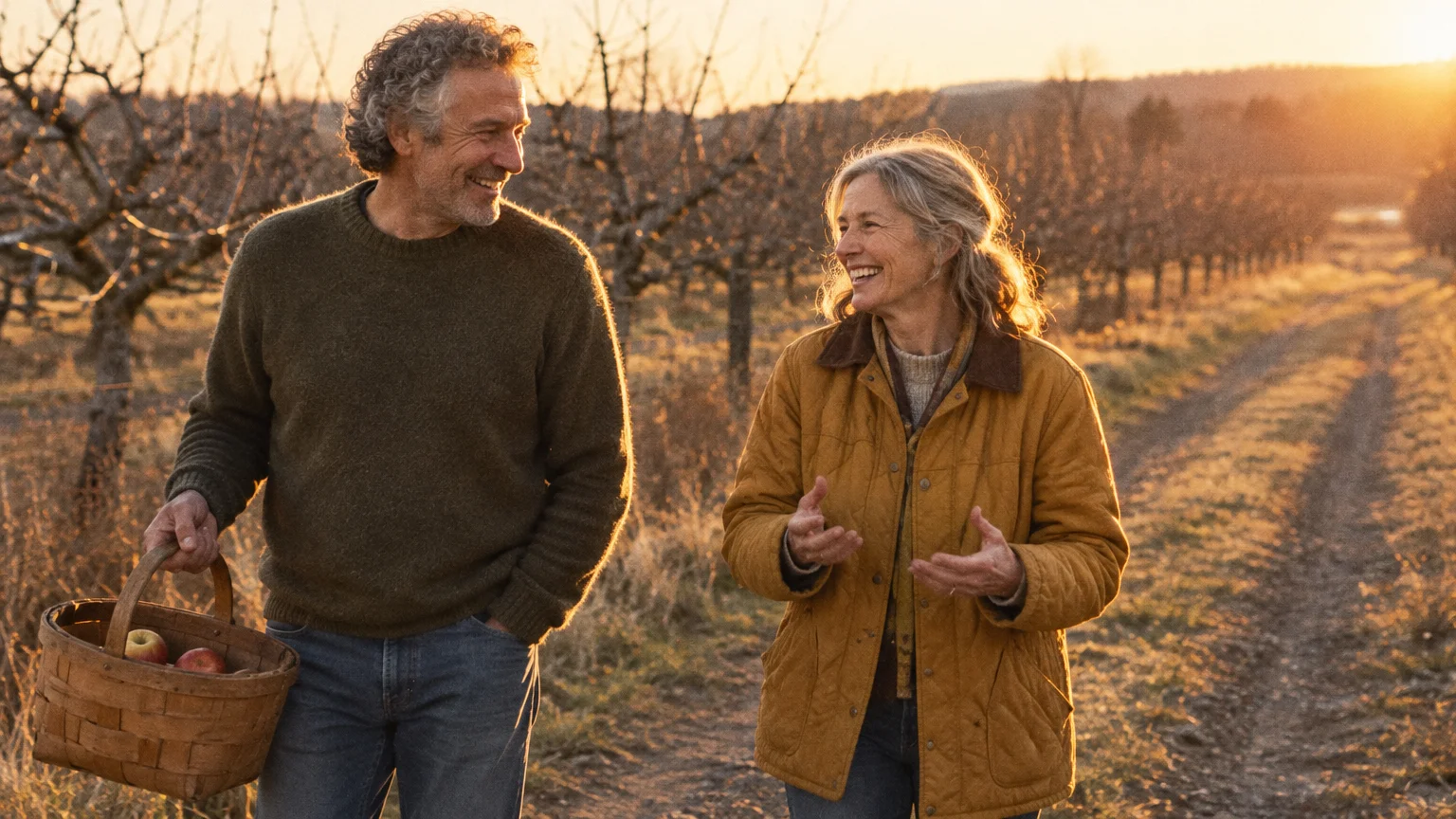 A smiling mature couple walks along a path in an orchard at sunset, the man carrying a basket with apples.
