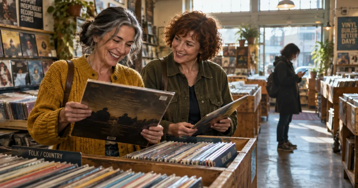 Two smiling middle-aged women browse vinyl records together in a brightly lit record shop.