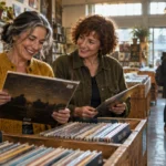 Two smiling middle-aged women browse vinyl records together in a brightly lit record shop.